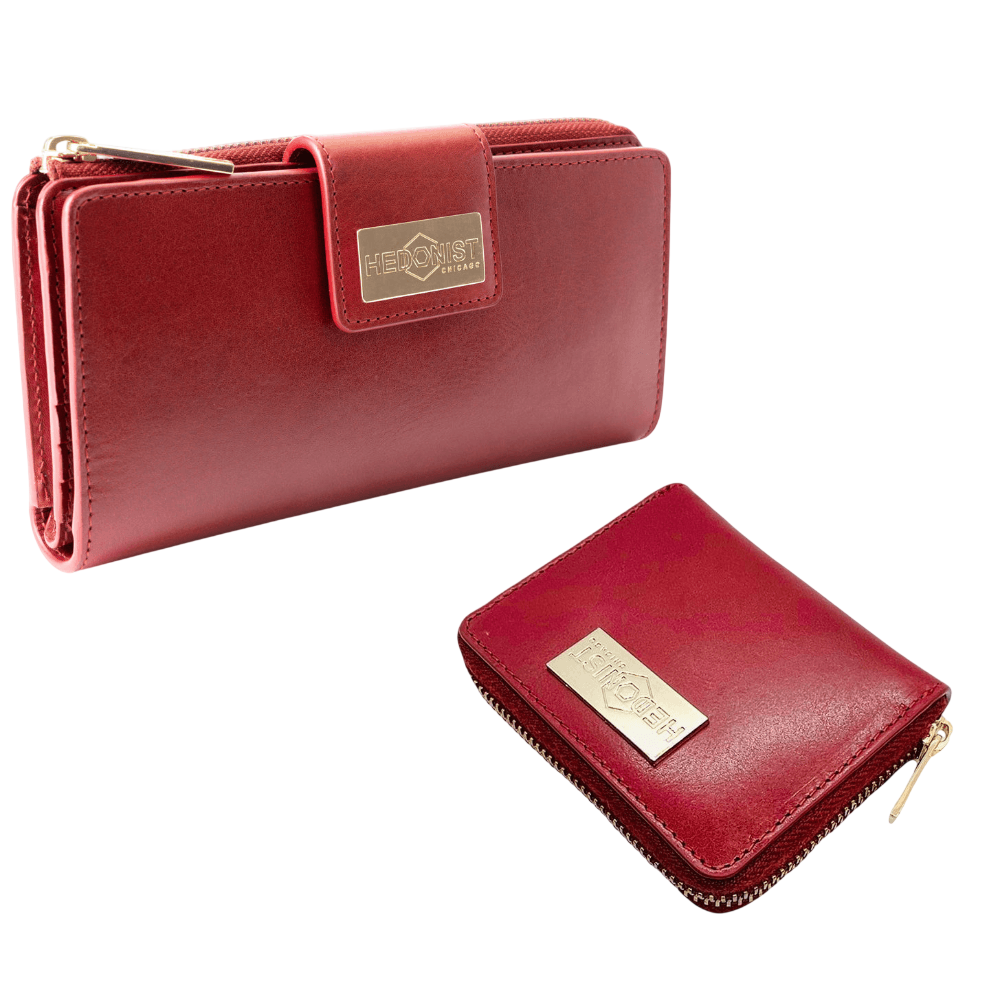 Red leather zip wallet and traveler wallet gift set, open display view