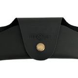 Small Soft Leather Eye Glasses Case in Black, closed, front view with embossed Hedonist logo and snap closure