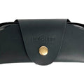 Small Soft Leather Eye Glasses Case in Black, closed, with sunglasses temples visible poking out both sides