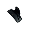 Small Soft Leather Eye Glasses Case in Black, open, angled top view with folded sunglasses inside