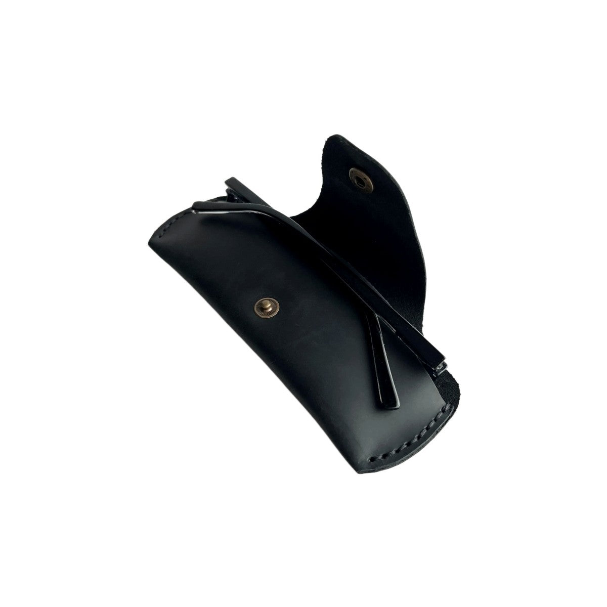 Small Soft Leather Eye Glasses Case in Black, open, angled top view with folded sunglasses inside