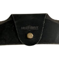 Small Soft Leather Eye Glasses Case in Black Washed, closed, front view with embossed Hedonist logo and snap closure