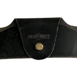 Small Soft Leather Eye Glasses Case in Black Washed, closed, front view with embossed Hedonist logo and snap closure
