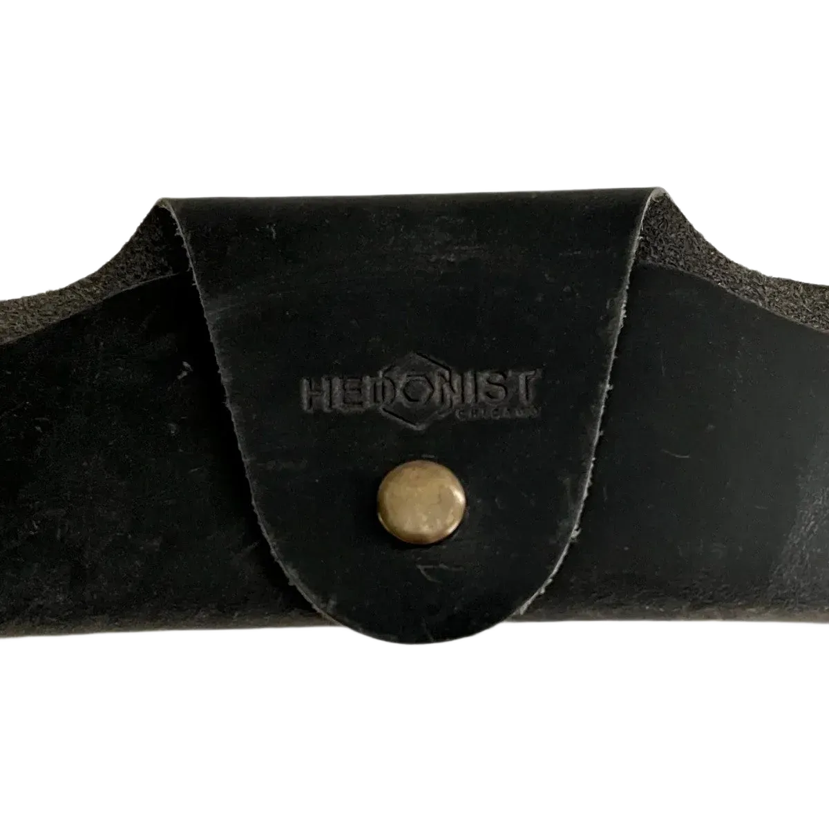 Small Soft Leather Eye Glasses Case in Black Washed, closed, front view with embossed Hedonist logo and snap closure