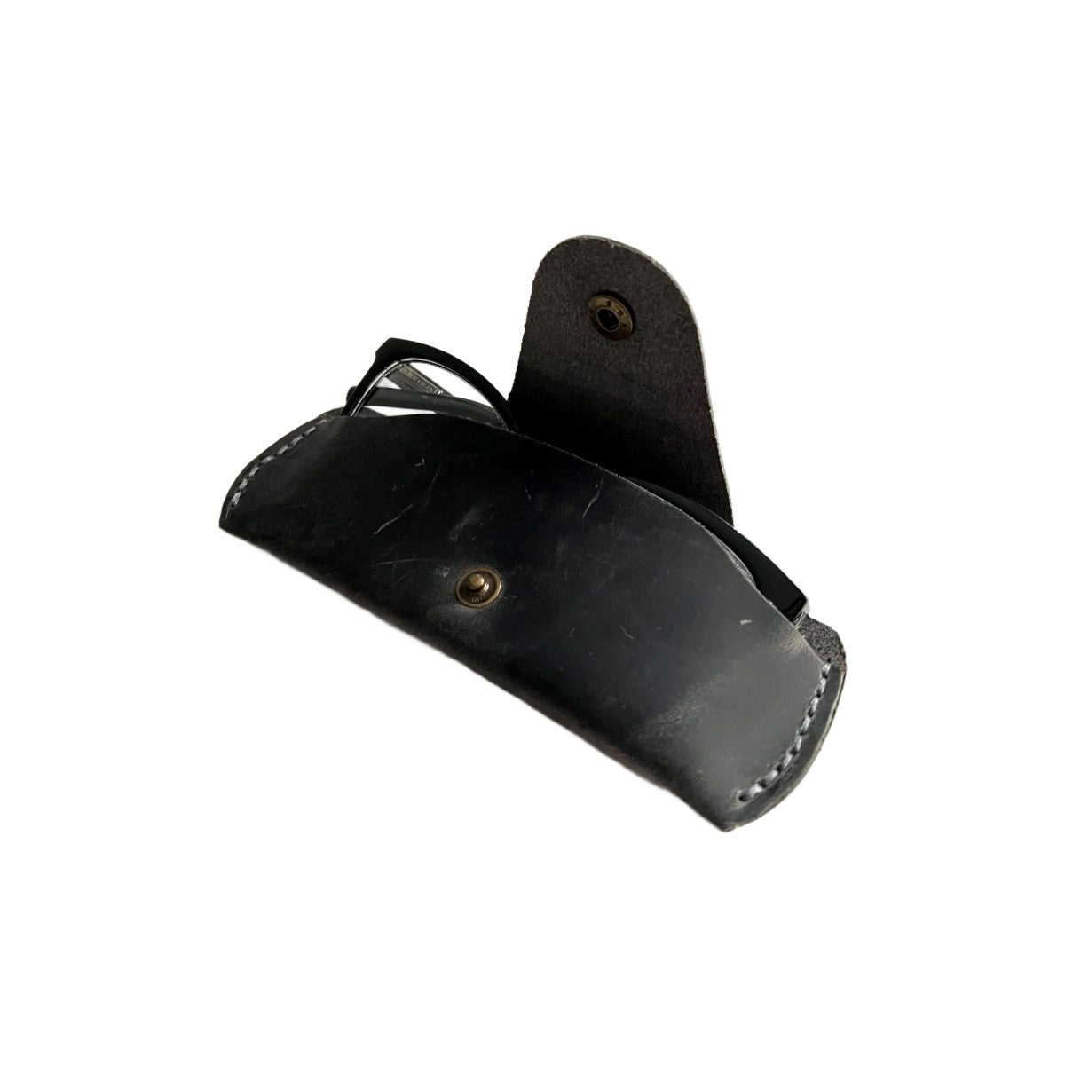 Small Soft Leather Eye Glasses Case in Black Washed, open, angled top view with sunglasses inside