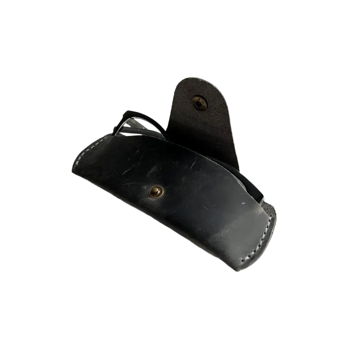 Small Soft Leather Eye Glasses Case in Black Washed, open, angled top view with sunglasses inside