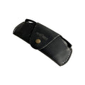 Small Soft Leather Eye Glasses Case in Black Washed, angled view with sunglasses temple visible