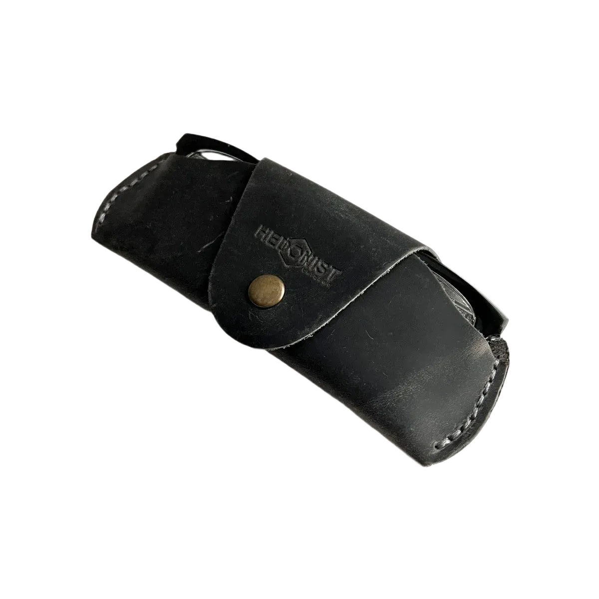 Small Soft Leather Eye Glasses Case in Black Washed, angled view with sunglasses temple visible