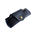 Small Soft Leather Eye Glasses Case in Navy Blue, angled view with sunglasses temples visible poking out