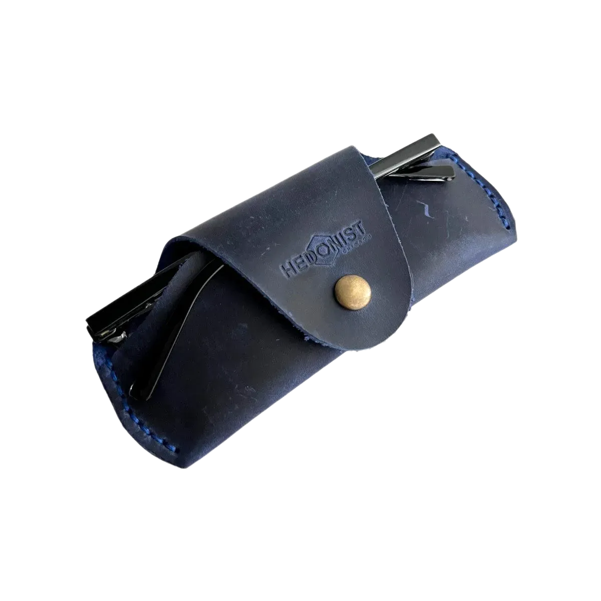 Small Soft Leather Eye Glasses Case in Navy Blue, angled view with sunglasses temples visible poking out