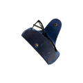 Small Soft Leather Eye Glasses Case in Navy Blue, open, angled top view with black-framed eyeglasses inside