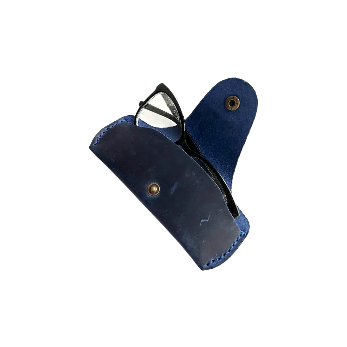 Small Soft Leather Eye Glasses Case in Navy Blue, open, angled top view with black-framed eyeglasses inside