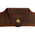 Small Soft Leather Eye Glasses Case in Brown, closed, front view with embossed Hedonist logo and snap closure