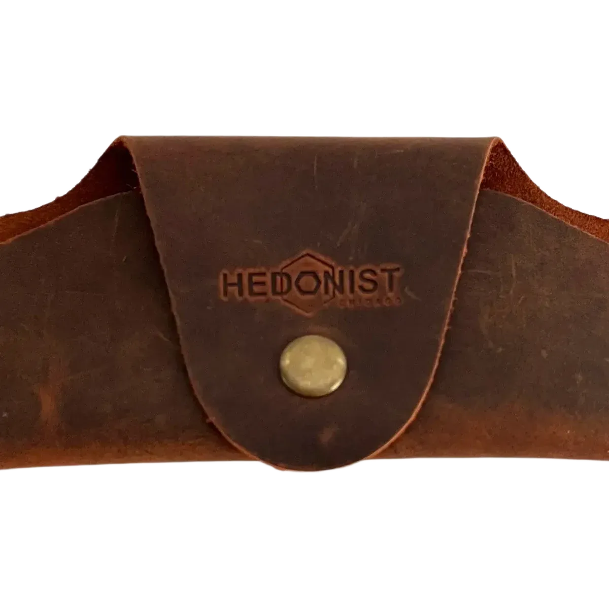 Small Soft Leather Eye Glasses Case in Brown, closed, front view with embossed Hedonist logo and snap closure