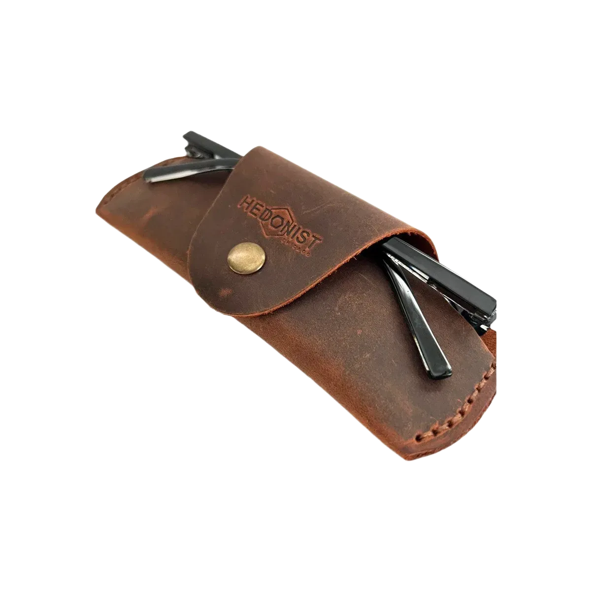Small Soft Leather Eye Glasses Case in Brown, angled view with sunglasses temples visible poking out both sides