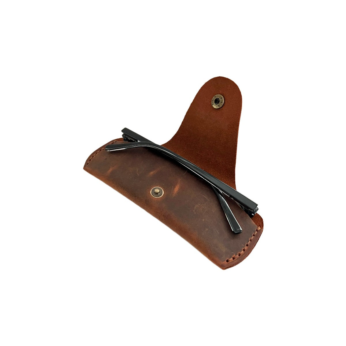 Small Soft Leather Eye Glasses Case in Brown, open, angled top view with folded sunglasses inside
