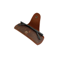 Small Soft Leather Eye Glasses Case in Brown, open, angled top view with folded sunglasses inside