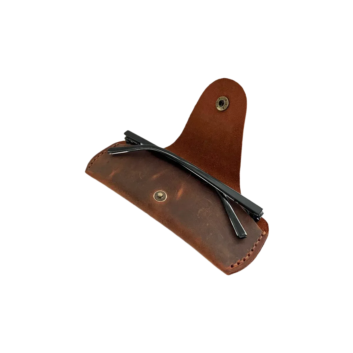 Small Soft Leather Eye Glasses Case in Brown, open, angled top view with folded sunglasses inside