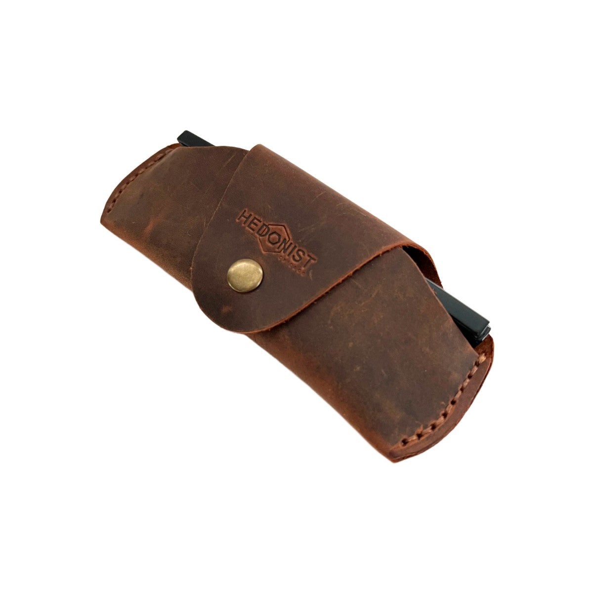 Small Soft Leather Eye Glasses Case in Brown, angled view with sunglasses temple visible