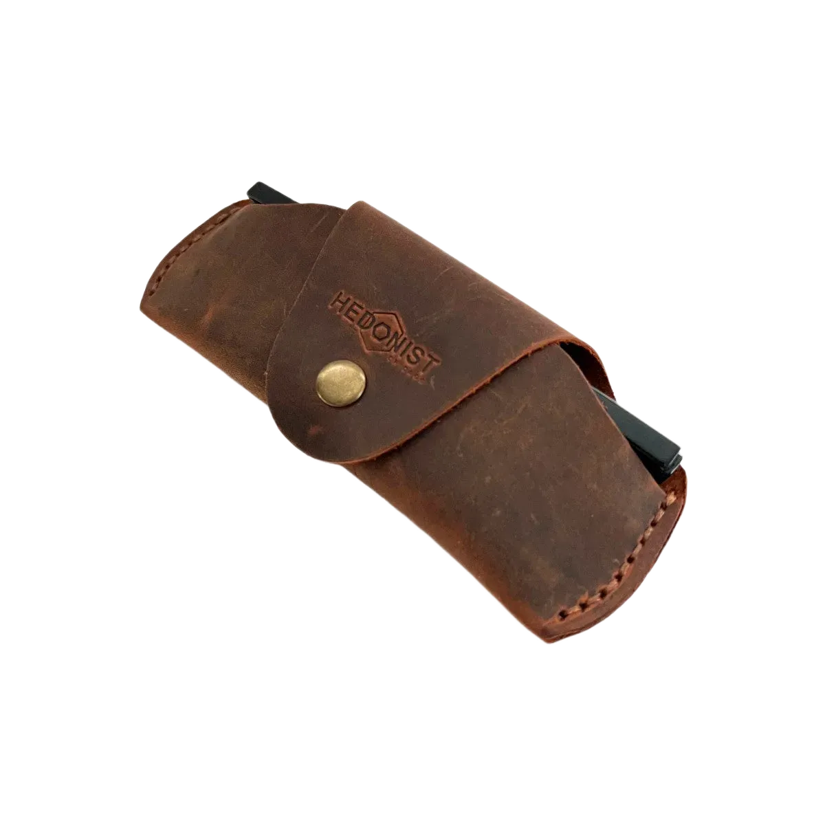 Small Soft Leather Eye Glasses Case in Brown, angled view with sunglasses temple visible