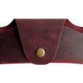 Small Soft Leather Eye Glasses Case in Burgundy, closed, front view with embossed Hedonist logo and snap closure