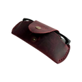 Small Soft Leather Eye Glasses Case in Burgundy, open, angled top view with black-framed eyeglasses inside