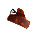 Small Soft Leather Eye Glasses Case in Cognac, open, with black-framed eyeglasses inside