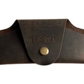 Small Soft Leather Eye Glasses Case in Dark Brown, closed, front view with embossed Hedonist logo and snap closure