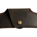 Small Soft Leather Eye Glasses Case in Dark Brown, closed, front view with embossed Hedonist logo and snap closure