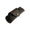 Small Soft Leather Eye Glasses Case in Dark Brown, angled view with folded sunglasses tucked inside