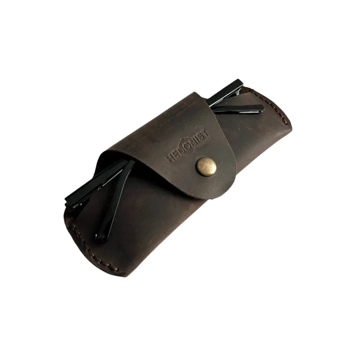 Small Soft Leather Eye Glasses Case in Dark Brown, angled view with folded sunglasses tucked inside