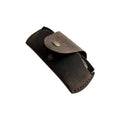Small Soft Leather Eye Glasses Case in Dark Brown, angled view with black-framed eyeglasses tucked inside