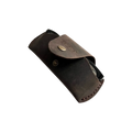 Small Soft Leather Eye Glasses Case in Dark Brown, angled view with black-framed eyeglasses tucked inside