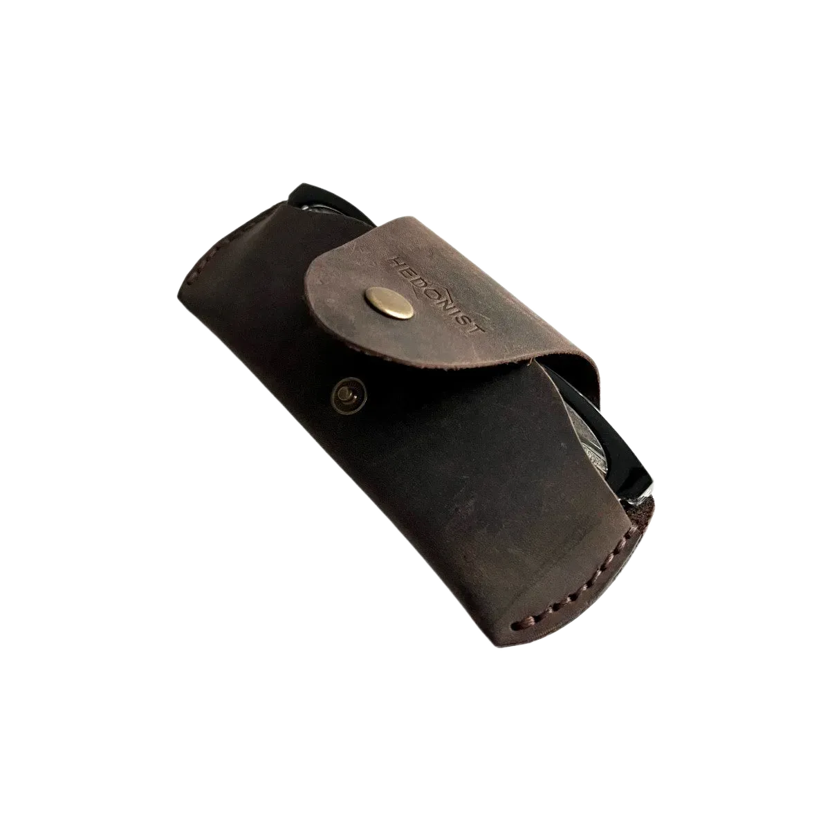 Small Soft Leather Eye Glasses Case in Dark Brown, angled view with black-framed eyeglasses tucked inside