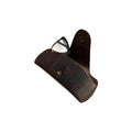 Small Soft Leather Eye Glasses Case in Dark Brown, open, angled top view with black-framed eyeglasses inside