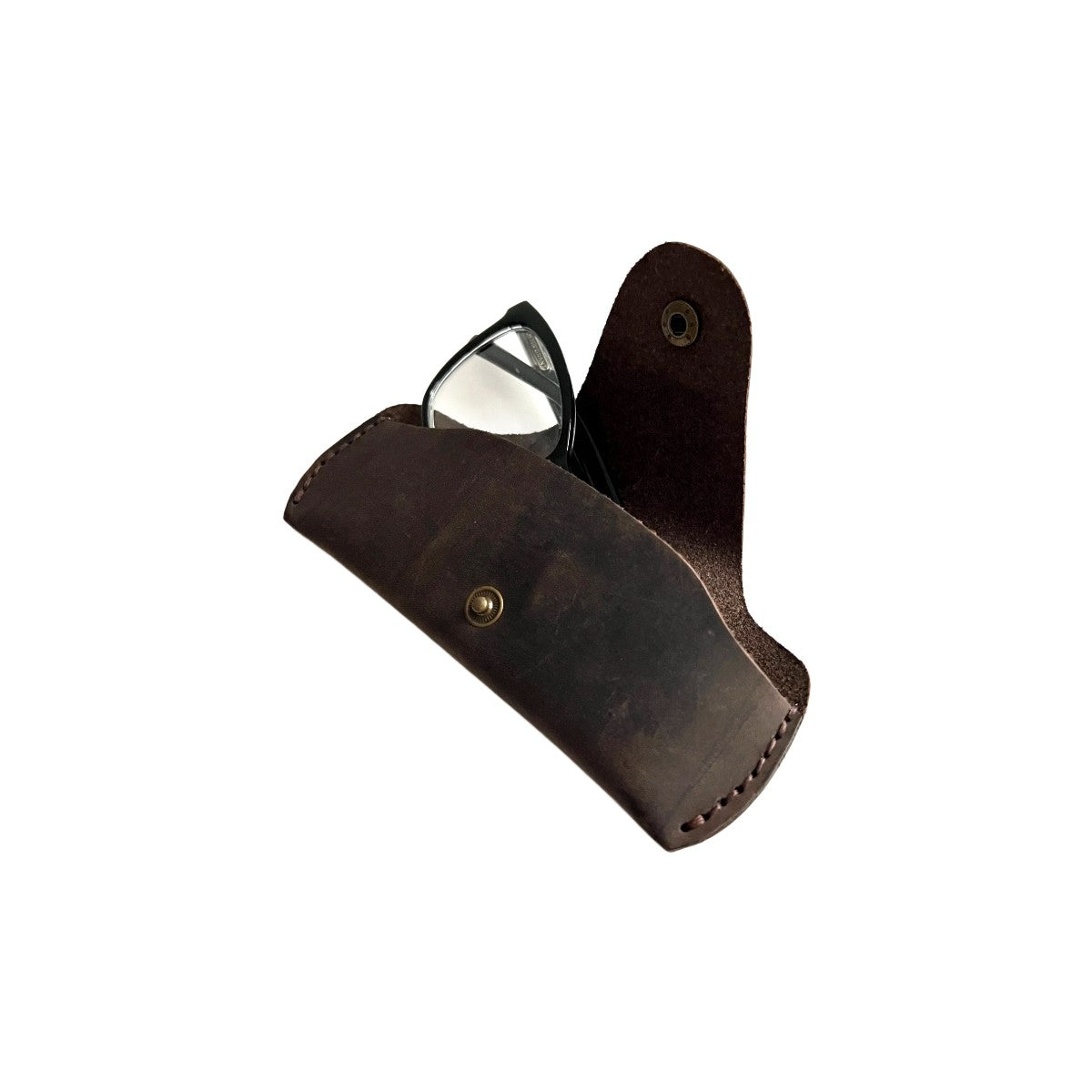 Small Soft Leather Eye Glasses Case in Dark Brown, open, angled top view with black-framed eyeglasses inside