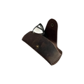 Small Soft Leather Eye Glasses Case in Dark Brown, open, angled top view with black-framed eyeglasses inside