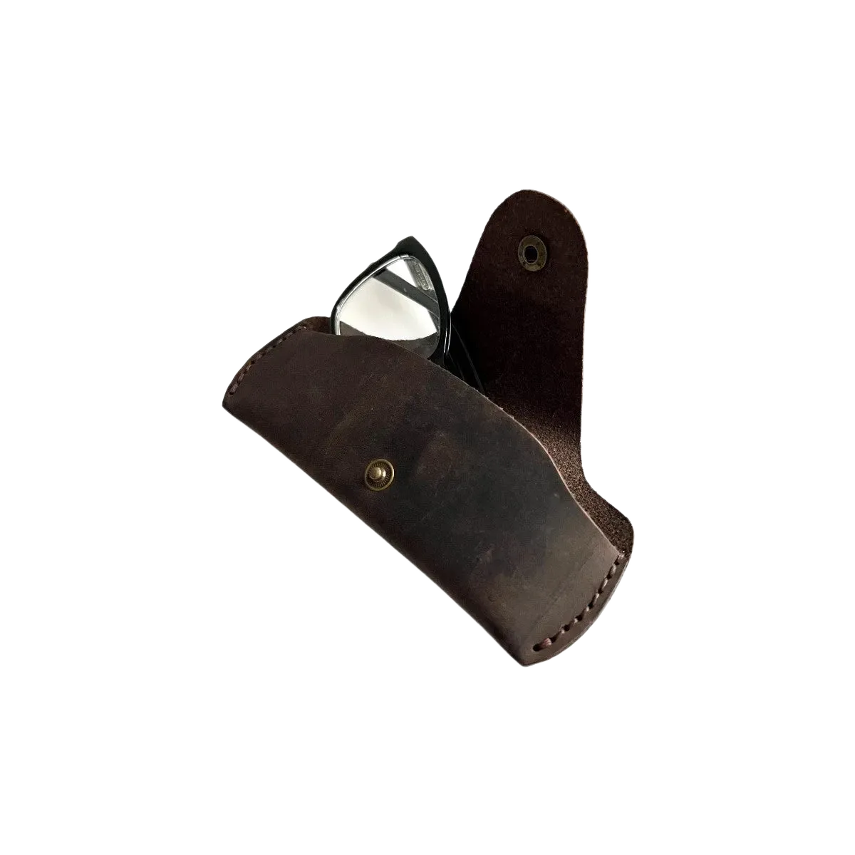 Small Soft Leather Eye Glasses Case in Dark Brown, open, angled top view with black-framed eyeglasses inside