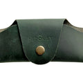 Small Soft Leather Eye Glasses Case in Dark Green, closed, front view with embossed Hedonist logo and snap closure