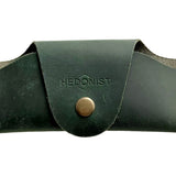 Small Soft Leather Eye Glasses Case in Dark Green, closed, front view with embossed Hedonist logo and snap closure