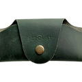 Small Soft Leather Eye Glasses Case in Dark Green, closed, front view with embossed Hedonist logo and snap closure