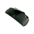 Small Soft Leather Eye Glasses Case in Dark Green, open, angled top view with black-framed eyeglasses inside