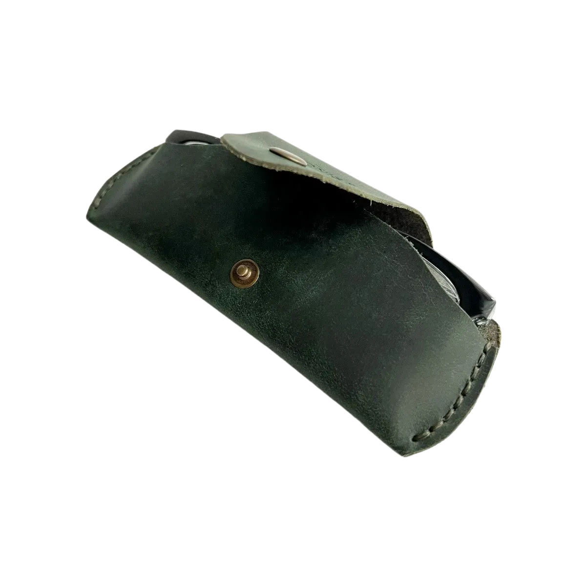 Small Soft Leather Eye Glasses Case in Dark Green, open, angled top view with black-framed eyeglasses inside