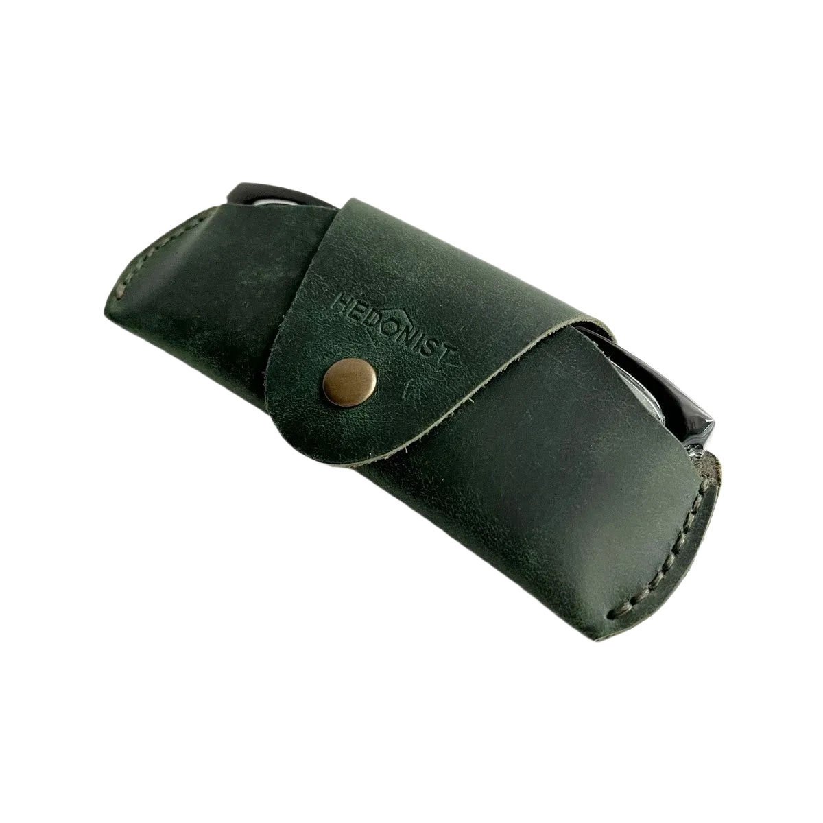 Small Soft Leather Eye Glasses Case in Dark Green, angled view with black-framed eyeglasses tucked inside