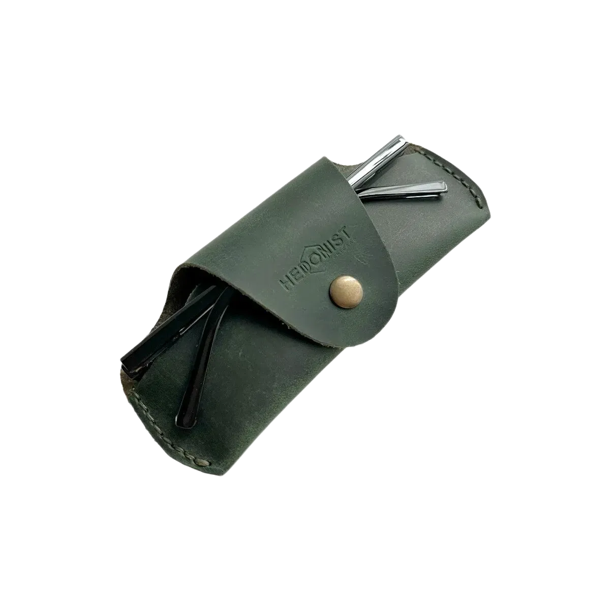 Small Soft Leather Eye Glasses Case in Dark Green, angled view with sunglasses temples visible poking out