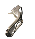 Silver lacquered pin and clip belt buckle, close-up detail of prong and clasp