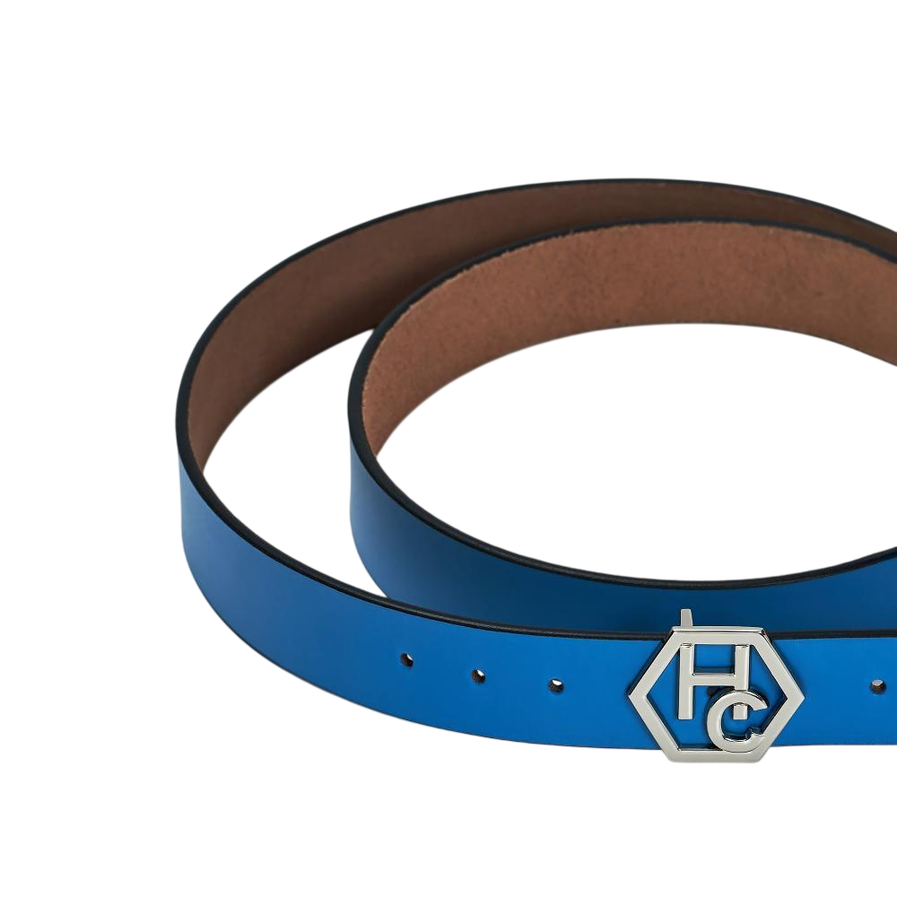 Buckle close-up on women's seamless edge leather belt - sky blue - Hedonist Chicago - close-up view (1.3")