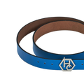 Buckle close-up on women's seamless edge leather belt - sky blue - Hedonist Chicago - close-up view (1.3")