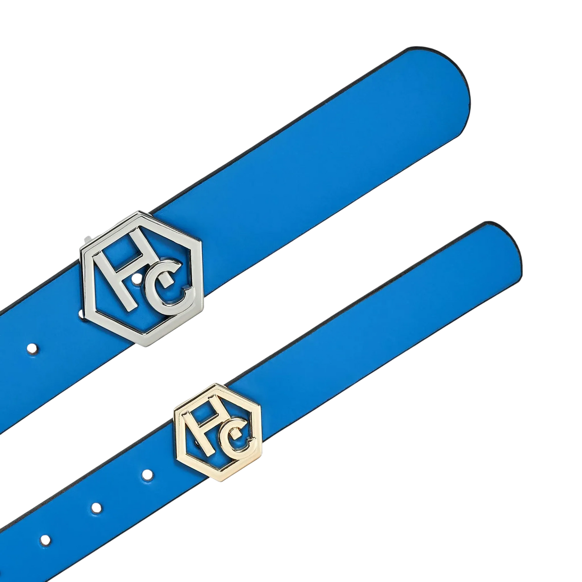 Edge finish detail on women's seamless edge leather belt - sky blue - Hedonist Chicago (1.3")