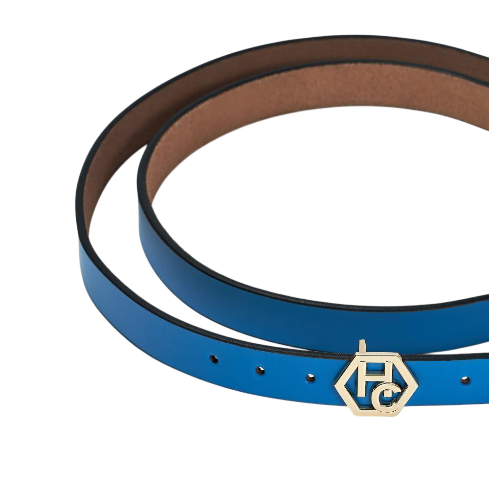 Buckle close-up on women's seamless edge leather belt - sky blue - Hedonist Chicago - close-up view (1")